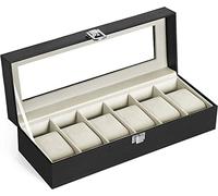 SONGMICS Uhrenbox mit 6 Fächern, Uhrenbox, Schatulle, Glasdeckel, abnehmbare Polster, Schloss aus Metall, schwarze Beschichtung und Futter in grünlichem Beige JWB06BE