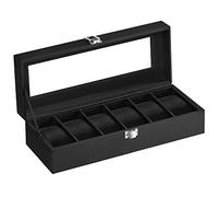 SONGMICS Uhrenbox mit 6 Fächern, Uhrenbox, Schatulle, Glasdeckel, abnehmbare Polster, Schloss aus Metall, schwarz beschichtet und Futter in Schwarz JWB06B01