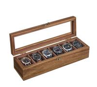 SONGMICS Uhrenbox mit 6 Fächern, Uhrenkasten aus Massivholz, mit Glasdeckel, Uhrenkissen, Geschenk für Ihre Liebsten, weihnachten, walnussfarben JOW006K01