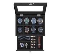SONGMICS Uhrenbox mit 8 Fächern, aus Massivholz, mit Glasdeckel | Uhrenkasten, Schmuckaufbewahrung, Uhrenkissen, Geschenk für Ihre Liebsten, tintenschwarz, ANICIA Kollektion JOW008B02