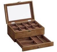 SONGMICS Uhrenbox mit 8 Fächern, Uhrenkasten aus Massivholz, mit Glasdeckel, Uhrenkissen, Schmuckaufbewahrung, Geschenk für Ihre Liebsten, walnussfarben JOW008K01