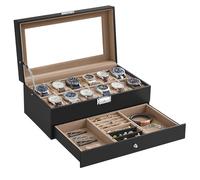 SONGMICS Uhrenbox mit Glasdeckel, 2 Ebenen, für 12 Uhren, abschließbar