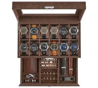 SONGMICS Uhrenbox mit Glasdeckel, 2 Ebenen, für 12 Uhren, abschließbar