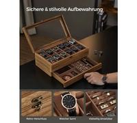SONGMICS Uhrenbox Uhrenkasten, mit 8/12 Fächern, aus Massivholz, Glasdeckel Walnussfarben