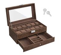 SONGMICS Uhrenbox, Uhrenkasten mit Glasdeckel, 2 Ebenen, für 12 Uhr, abschließbar, 1 Schublade, für Ringe, Armbänder, Geschenkidee, weihnachten, PU-Bezug in Braun, Innenfutter in Braun JWB012K01