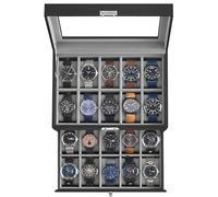 SONGMICS Uhrenbox, Uhrenkasten mit Glasdeckel, 2 Ebenen, Uhrenkoffer mit herausnehmbaren Uhrenkissen, Uhrenschatulle, Geschenkidee, PU-Bezug in Schwarz, Samtfutter in Grau JWB020