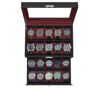 SONGMICS Uhrenbox, Uhrenkasten mit Glasdeckel, 2 Ebenen, Uhrenkoffer mit herausnehmbaren Uhrenkissen, Uhrenschatulle, Geschenkidee, PU-Bezug in Schwarz, Samtfutter in Weinrot JWB020R01