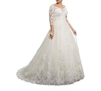 SongSurpriseMall Brautkleider Damen Elegante V-Ausschnitt 3/4 Ärmel Hochzeitskleider Große Größen Prinzessin Spitze Tüll Brautkleid mit Schleppe Weiß 56