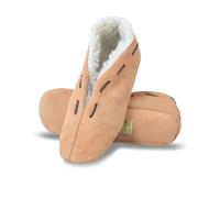 Sonia Originelli Hausschuh Schlappen für Damen & Herren in Beige in Größe 38 - warme geschlossene Pantoffeln mit Ziernähten & Kuschelfell, Fell Hausschuhe aus Wildleder