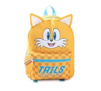 Sonic The Hedgehog der Igel-Kinderrucksack mit 3D-Schwänzen | Gelbe „Time To Fly!“-Charaktertasche mit karierter Vordertasche | Schultasche mit Reißverschluss für Jungen und Mädchen