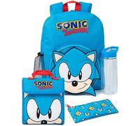 Sonic The Hedgehog Jungen Rucksack-Set | 4-teiliges blaues Kinderrucksack-Set mit Schultasche, Federmäppchen, Lunchtasche und Wasserflasche | Sonic Gamer komplettes passendes Paket | Geschenk zum