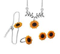 Sonnenblume Anhänger Halskette Ohrring Armband Ring Vierteiler Set Schmuck Dame süße Blume Schlüsselbein Kette