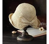 Sonnenhut Strohhut Hut Damen Frauen Strand Elegante Sonnenhut Floppy Krempe Faltbare Panama Chapeau Breite Krempe Bowknot Stroh Visiere Hut-Beige_56-58Cm
