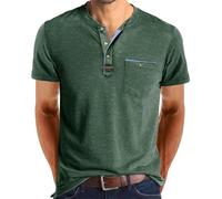 SOOUICKER Henley Shirt Herren Kurzarm Regular Fit Poloshirt Herren Ohne Kragen Elegant T Shirt Herren Knopfleiste Henley Shirt Herren Vintage Tshirt Herren mit Brusttasche Henley