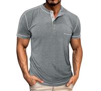 SOOUICKER Henley Shirt Herren Kurzarm Rip Slim Fit Poloshirt Ohne Kragen Elegant Polohemd mit Brusttasche Sport Tshirt Knopfleiste Zweifarbig