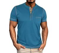 SOOUICKER Henley Shirt Herren Kurzarm Slim Fit Vintage Poloshirt Ohne Kragen Elegant Henley Tshirt mit Brusttasche T Shirt Knopfleiste Zweifarbig