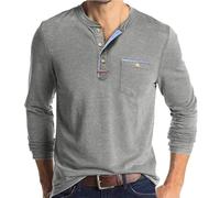 SOOUICKER Henley Shirt Herren Langarm Slim Fit Poloshirt Ohne Kragen Arbeit Langarmshirt Herren Vintage mit Brusttasche Sweatshirt Knopfleiste Elegant Henley Tshirt Zweifarbig