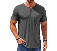 SOOUICKER Henley Shirt Herren Slim Fit Poloshirt Kurzarm Ohne Kragen Muskelshirts mit Knopfleiste Fitness Shirt Herren Gym Tshirt Elegant Einfarbig Funktionsshirt Sport
