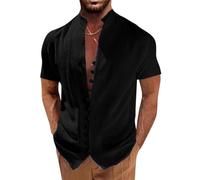 SOOUICKER Kurzarmhemd Herren Vintage Hemd Herren mit Stehkragen Kurzarm Sommerhemd Herren Ohne Kragen Freizeithemden für Herren Sommer Mittelalter Hemd Herren Kurzarm Hemd Herren Casual