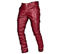 SOOUICKER Lederhose Herren Cargo Lederhose Herren Modern Braun Lederhose Herren Outdoor Regular Fit Lederhose Herren Freizeit Punk Rock Lederhose Herren Party Rot