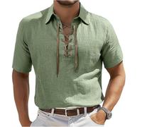 SOOUICKER Leinenhemd Herren Kurzarm Mittelalter Oversize Kurzarmhemd Leinen Vintage Freizeithemden für Herren Sommer Sommerhemd Leicht Hemd mit Schnürung