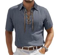 SOOUICKER Leinenhemd Herren Kurzarm Mittelalter Oversize Kurzarmhemd Leinen Vintage Freizeithemden für Herren Sommer Sommerhemd Leicht Hemd mit Schnürung
