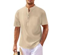 SOOUICKER Leinenhemd Herren Kurzarm Stehkragen Comfort Fit Freizeithemden Sommer Ohne Kragen Kurzarmhemd Leinen Sommerhemd Leicht Hemd Freizeit Vintage Strandhemd