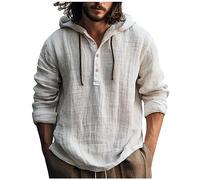 SOOUICKER Leinenhemd Herren mit Kapuze Langarm Vintage Hoodie Leinen Regular Fit Sport Langarmshirt mit Knopfleiste Sweatjacke Hoodie