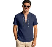 SOOUICKER Mittelalter Hemd Herren Kurzarm Leinenhemd Vintage Musselin Hemd Stehkragen Leinen Kurzarmhemd Ohne Kragen Sommerhemd Urlaub Strandhemd Sommer