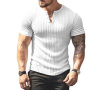 SOOUICKER Poloshirt Herren Kurzarm Ohne Kragen Henley Shirt Herren Slim Fit Strick Tshirt Modern Muskelshirts mit Knopfleiste T Shirt Elegant Einfarbig