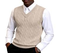 SOOUICKER Strickpullover Herren Ärmellos Pullover Slim Fit Zopfmuster Strickweste V Ausschnitt Pullunder Muster Elegant Weste Strick Wolle Pulli Ohne ärmel Business