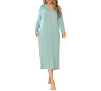Sopesil Damen Nachthemd Lang Nachthemden Knopfleiste Frauen Langarm Modal Nachtwäsche V-Ausschnitt Pyjama Damen Sleepwear A-Hellgrün,M