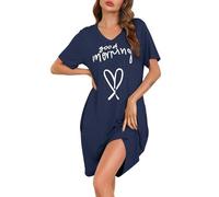 Sopesil Nachthemd Damen Kurzarm Schlafshirt Kurz Modal Nachthemden Weich Drucken Sommer Nachtwäsche Sleepwear, Dunkelblau, M