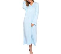 Sopesil Nachthemd Damen Langer Sleepshirt Weicher V-Ausschnitt Geknöpfter Schlafshirt Elegantes Taschen-Nachthemd Nachtkleid A-Hellblau,M