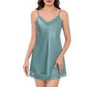 Sopesil Nachthemden für Damen Satin Ärmellos Negligee mit Spitze V-Ausschnitt Sexy Nachtwäsche Sleepwear Babydoll Graugrün M