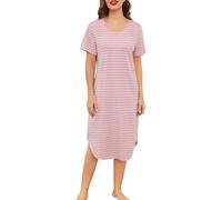 Sopesil Nachthemden für Damen Streifen Kurzarm Schlafshirt Rundhals Weiche Nachtwäsche Sleepshirt mit Tasche Rosa M
