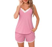 Sopesil Schlafanzug Damen Kurz Sexy Pyjama Set Ärmellos STRPS Nachtwäsche mit Spaghettiträger Camisole Sleepwear Lounge Wear Sommer Spitze, Rose rot, XL