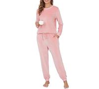 Sopesil Schlafanzug Damen Lang Winter Fleece Pyjama Sets Zweiteiler Schlafanzüge Warmer Velours Langarm Hausanzug Damen Fleece Herbst Loungewear mit Taschen, Rosa, XXL