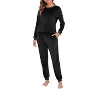 Sopesil Schlafanzug Damen Lang Winter Fleece Pyjama Sets Zweiteiler Schlafanzüge Warmer Velours Langarm Hausanzug Damen Fleece Herbst Loungewear mit Taschen, Schwarz, M