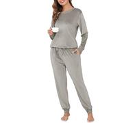 Sopesil Schlafanzug Damen Lang Winter Fleece Pyjama Sets Zweiteiler Schlafanzüge Warmer Velours Langarm Hausanzug Damen Fleece Herbst Loungewear mit Taschen, Grau, XL