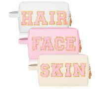 Sotiff Make-up-Tasche, Kosmetiktasche, Reise-Kulturbeutel für Damen, Chenille-Buchstaben, Patch-Tasche mit Griff, wasserdicht, tragbar, adrett, Reißverschluss, 3 Stück, Mehrfarbig, PU, Für Reisen