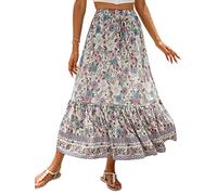 SotRong Sommer Boho Midi Rock Vintage Blumendruck Gypsy Röcke Hohe Taille Lange Sommerkleider für Strand Urlaub, A-Beige, 44