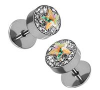 Soul-Cats 1 Paar Fakeplug Glitzer Plug Stern Ohrstecker Ohrringe silber Edelstahl Zirkonia, Farbe: regenbogen