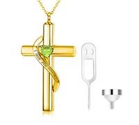 SOULMEET Crystal Cross Halskette für Asche, Gold Plated Silver I Love You Forever Birthstone August Cross Urn Halsketten für Asche Keepsake Kremationsschmuck für Haustier menschliche Asche