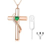 SOULMEET Crystal Cross Halskette für Asche, Rose Gold Plated Silber I Love You Forever Birthstone Mai Kreuz Urne Halsketten für Asche Keepsake Kremationsschmuck für Haustier menschliche Asche
