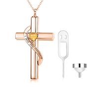 SOULMEET Crystal Cross Halskette für Asche, Rose Gold Plated Silver I Love You Forever Birthstone November Cross Urn Halsketten für Asche Keepsake Kremationsschmuck für Haustier menschliche Asche