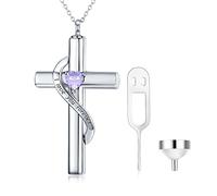 SOULMEET Crystal Cross Halskette für Asche, Sterling Silber I Love You Forever Birthstone Juni Kreuz Urne Halsketten für Asche Keepsake Kremationsschmuck für Haustier menschliche Asche