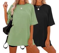 Soulolo 2er Pack Tshirt Damen Sommer Oversize Tops Rundhals T-Shirts Bluse Kurzarm Casual Breite Schulter Oberteile Basic Baumwolle Mode Tee Shirts,2er-Pack