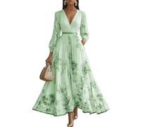 Soulolo Damen Abendkleid Lang V-Ausschnitt A-Linie Tailliertes Ballkleid mit Plisseedetails und Blumenmuster Elegantes Atmungsaktives Sommer Maxikleid für Hochzeitsgast Abend und Urlaub