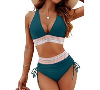 Soulolo Damen Bikini Set Badeanzug Bademode Sexy V Ausschnitt Triangel Bademode Hohe Taille Farbblock Zweiteiliger für Frauen Sommer Swimsuit